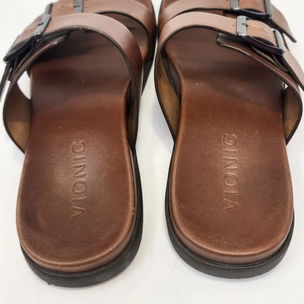 Vionic Charlie Double Strap Slip On Sandals Men Size 9 M Brown Leather Comfort